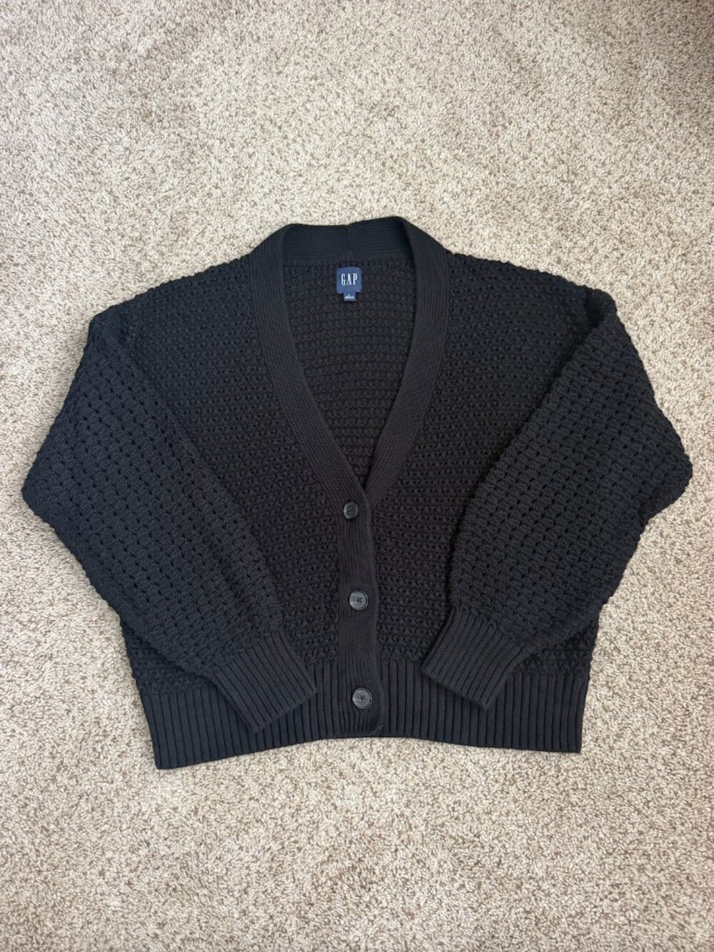 GAP Crochet Knit Cardigan Sweater V-Neck Button Front Black Large 100% Cotton